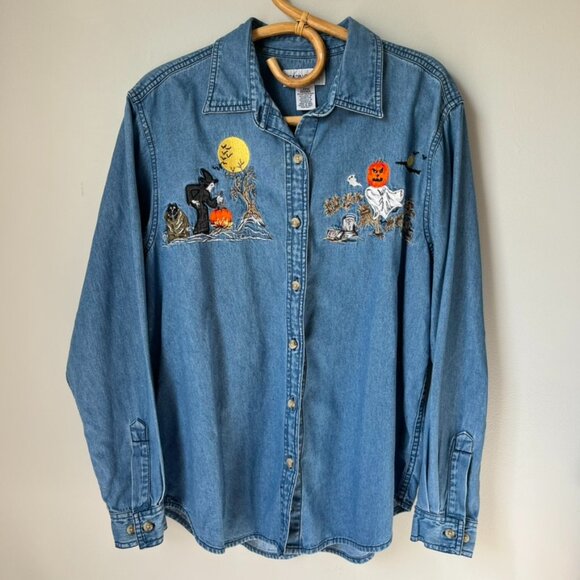 Vintage Cabin Creek Halloween Denim Button Down Women's Large - Picture 1 of 4